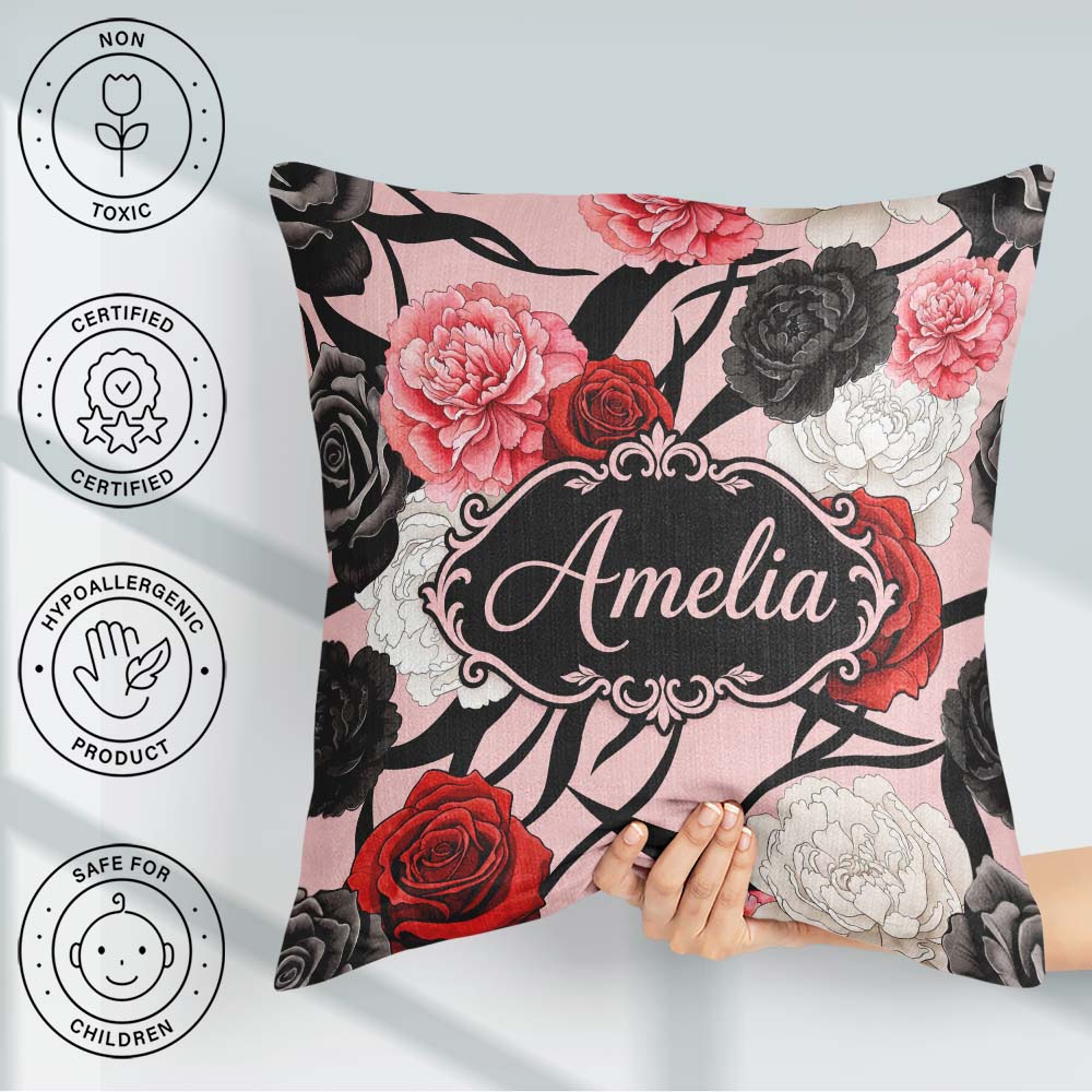 Custom Name Elegant Rose Floral with Black Red and White on Pink Square Filled Cushion Throw Pillow Sofa Bed Home Decor Zip Washable UK Made