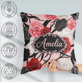 Custom Name Elegant Rose Floral with Black Red and White on Pink Square Filled Cushion Throw Pillow Sofa Bed Home Decor Zip Washable UK Made