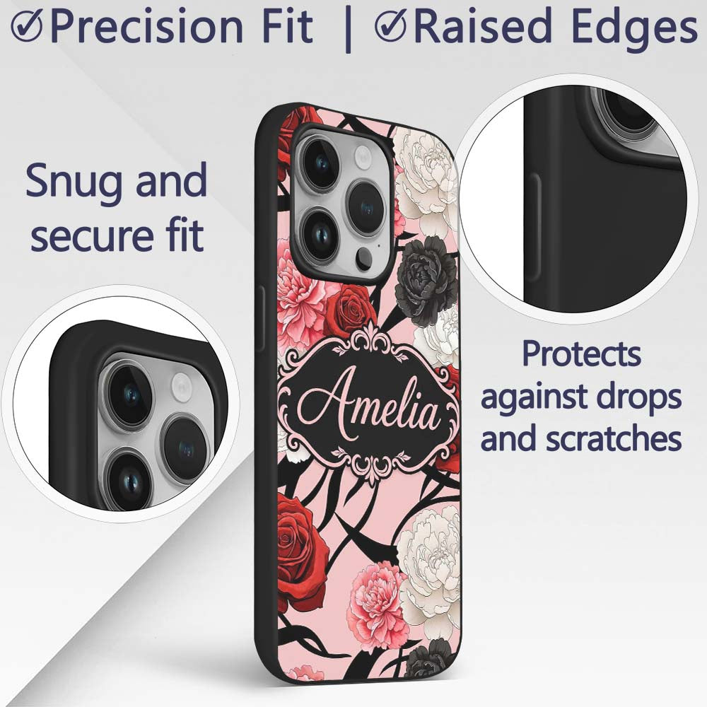 Elegant Rose Floral with Black Red and White Custom Name Protective Phone Case Mobile Cover Durable Everyday Smartphone Shock Resistant