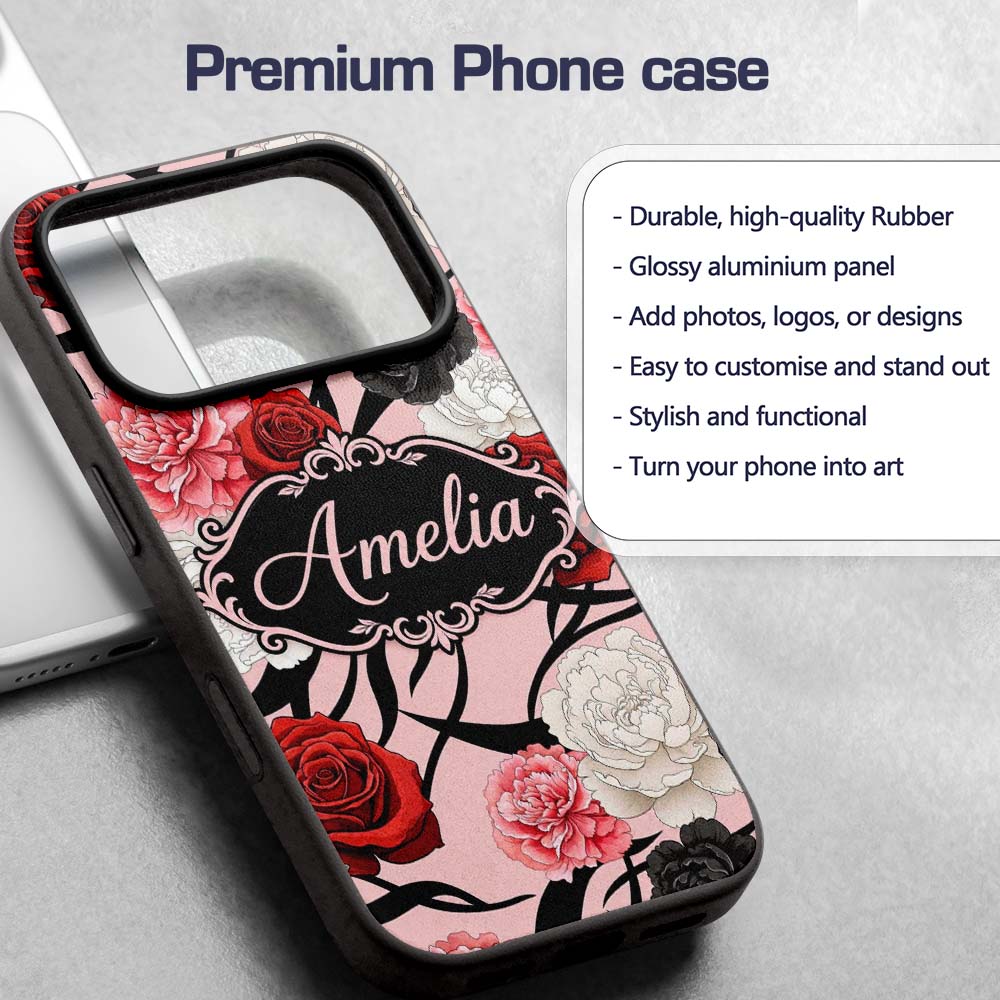 Elegant Rose Floral with Black Red and White Custom Name Protective Phone Case Mobile Cover Durable Everyday Smartphone Shock Resistant