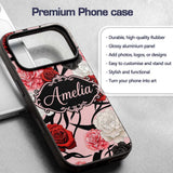 Elegant Rose Floral with Black Red and White Custom Name Protective Phone Case Mobile Cover Durable Everyday Smartphone Shock Resistant