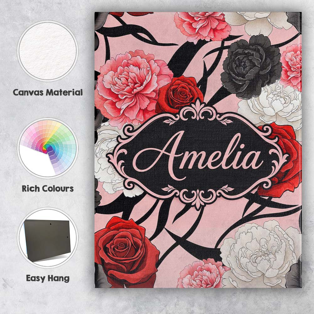 Personalised Name Elegant Rose Floral with Custom  Bespoke Contemporary Statement Canvas Wall Art Print Decor Picture Ready to Hang