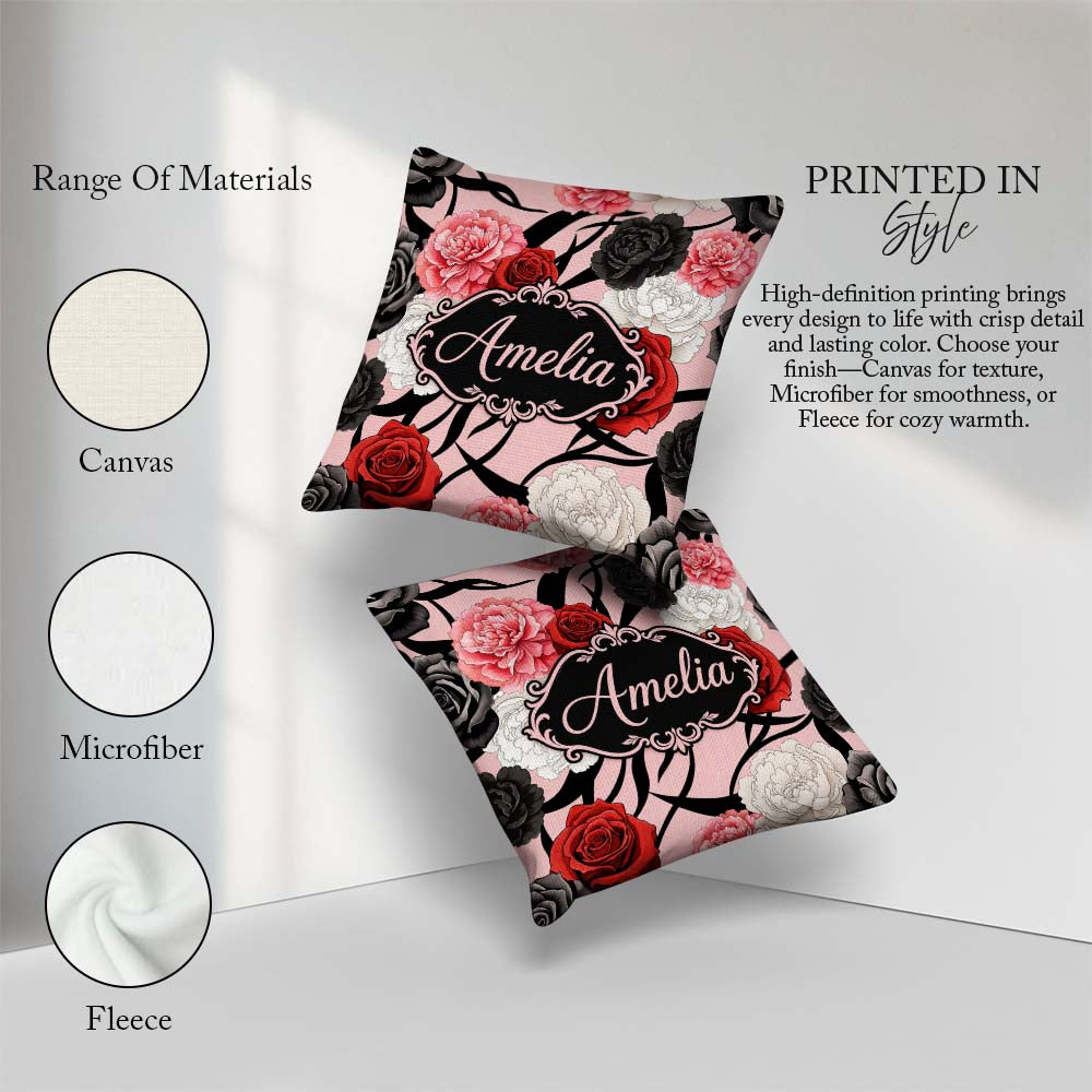 Custom Name Elegant Rose Floral with Black Red and White on Pink Square Filled Cushion Throw Pillow Sofa Bed Home Decor Zip Washable UK Made
