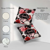 Custom Name Elegant Rose Floral with Black Red and White on Pink Square Filled Cushion Throw Pillow Sofa Bed Home Decor Zip Washable UK Made