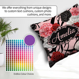 Custom Name Elegant Rose Floral with Black Red and White on Pink Square Filled Cushion Throw Pillow Sofa Bed Home Decor Zip Washable UK Made