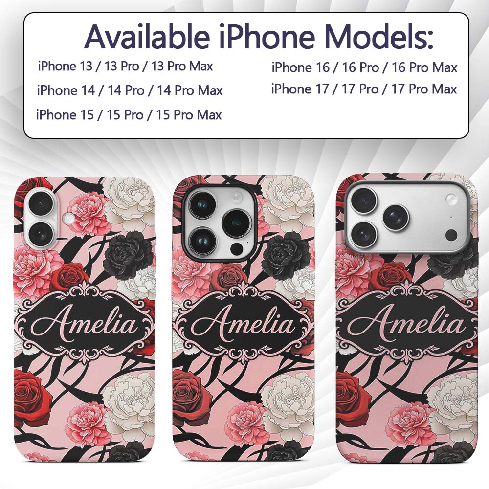Elegant Rose Floral with Black Red and White Custom Name Protective Phone Case Mobile Cover Durable Everyday Smartphone Shock Resistant