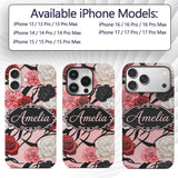 Elegant Rose Floral with Black Red and White Custom Name Protective Phone Case Mobile Cover Durable Everyday Smartphone Shock Resistant