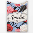 Elegant Rose Floral with Black Red and White Flowers on Dusty Blue  Personalised Custom Name Super Soft Fleece Blanket Bed Sofa Throw