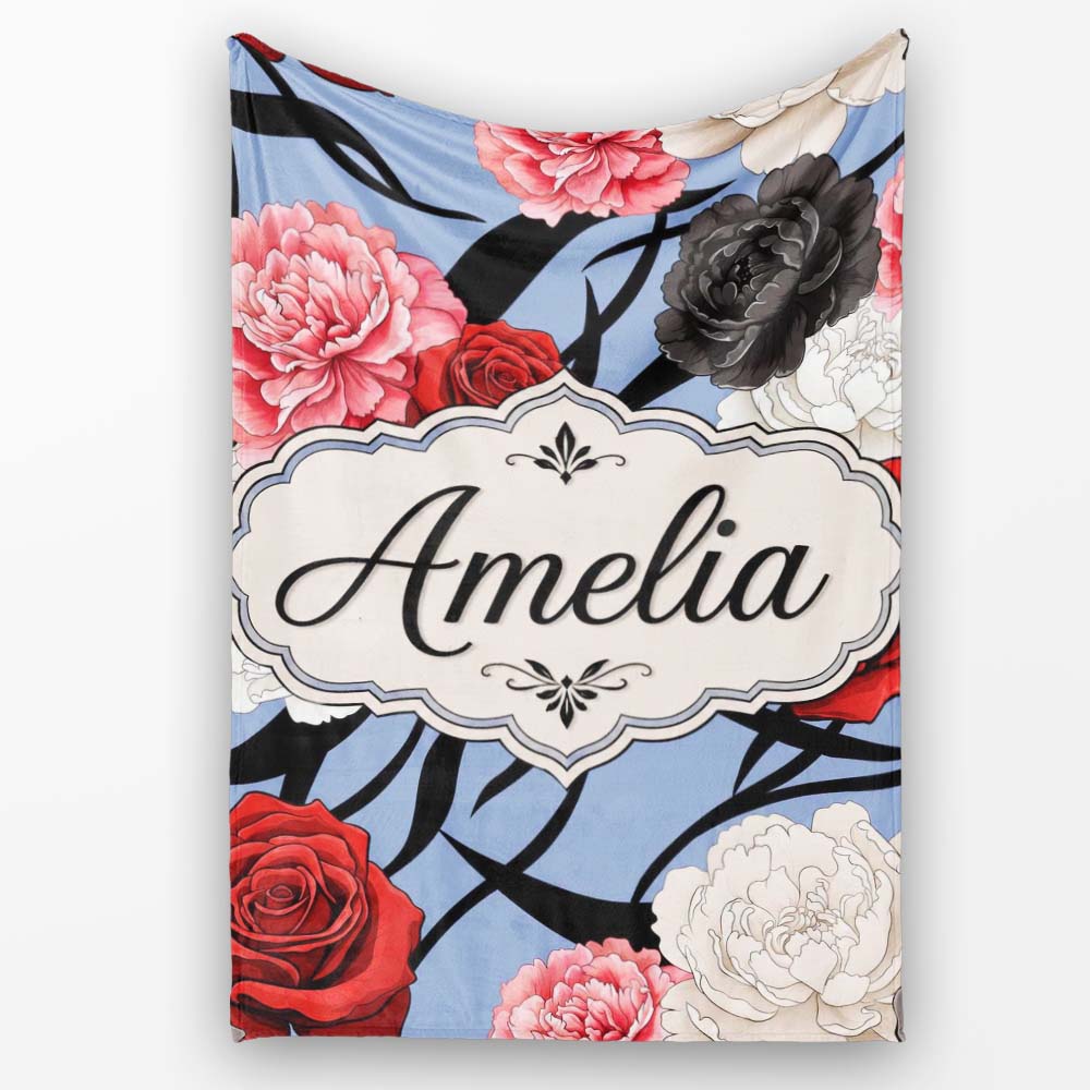 Elegant Rose Floral with Black Red and White Flowers on Dusty Blue  Personalised Custom Name Super Soft Fleece Blanket Bed Sofa Throw