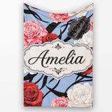 Elegant Rose Floral with Black Red and White Flowers on Dusty Blue  Personalised Custom Name Super Soft Fleece Blanket Bed Sofa Throw