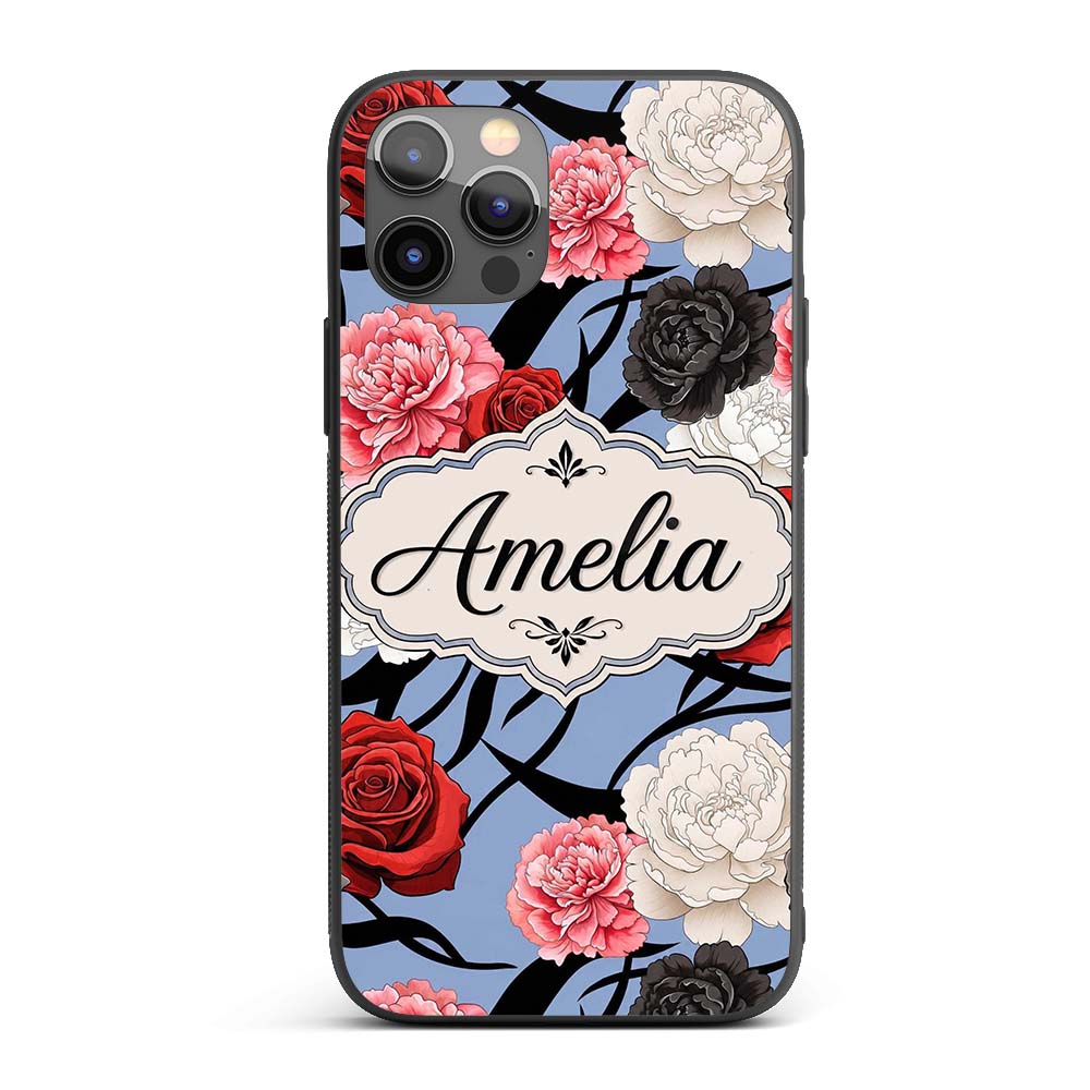 Elegant Rose Floral with Black Red and White Custom Name Protective Phone Case Mobile Cover Durable Everyday Smartphone Shock Resistant