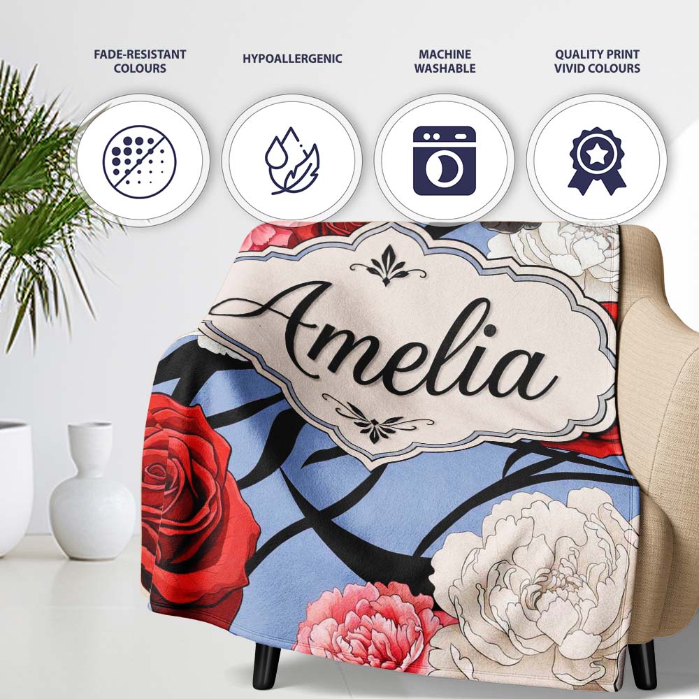 Elegant Rose Floral with Black Red and White Flowers on Dusty Blue  Personalised Custom Name Super Soft Fleece Blanket Bed Sofa Throw