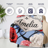 Elegant Rose Floral with Black Red and White Flowers on Dusty Blue  Personalised Custom Name Super Soft Fleece Blanket Bed Sofa Throw