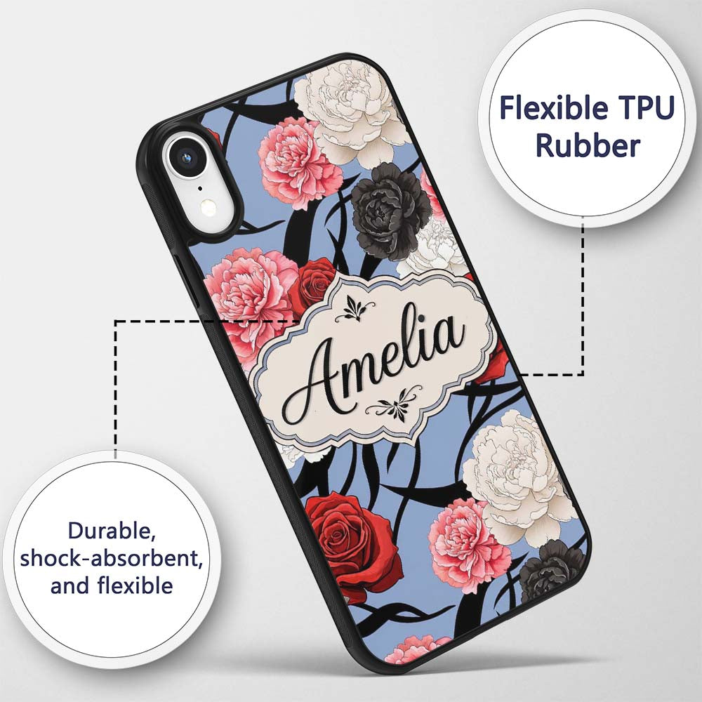 Elegant Rose Floral with Black Red and White Custom Name Protective Phone Case Mobile Cover Durable Everyday Smartphone Shock Resistant