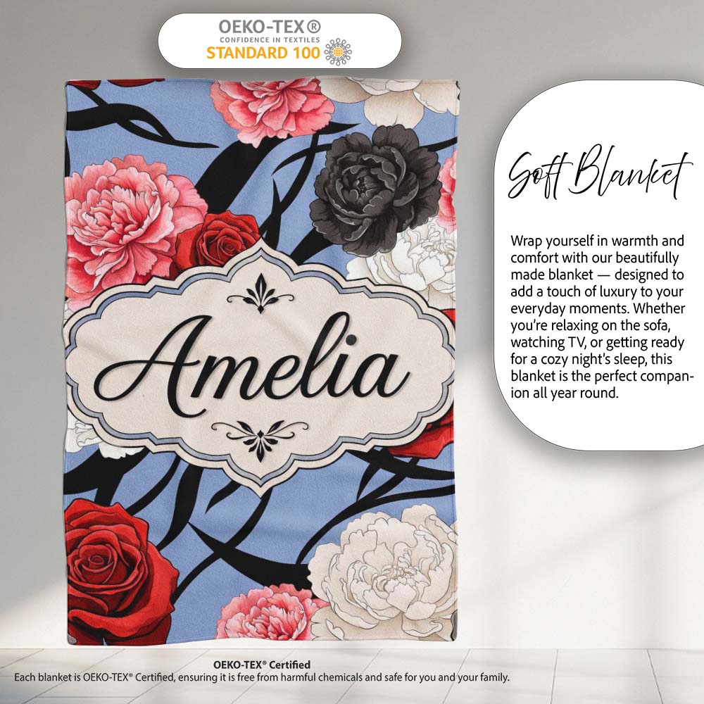 Elegant Rose Floral with Black Red and White Flowers on Dusty Blue  Personalised Custom Name Super Soft Fleece Blanket Bed Sofa Throw
