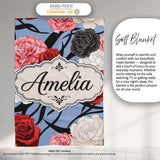 Elegant Rose Floral with Black Red and White Flowers on Dusty Blue  Personalised Custom Name Super Soft Fleece Blanket Bed Sofa Throw
