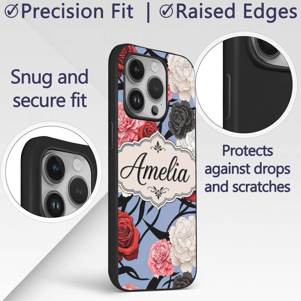 Elegant Rose Floral with Black Red and White Custom Name Protective Phone Case Mobile Cover Durable Everyday Smartphone Shock Resistant
