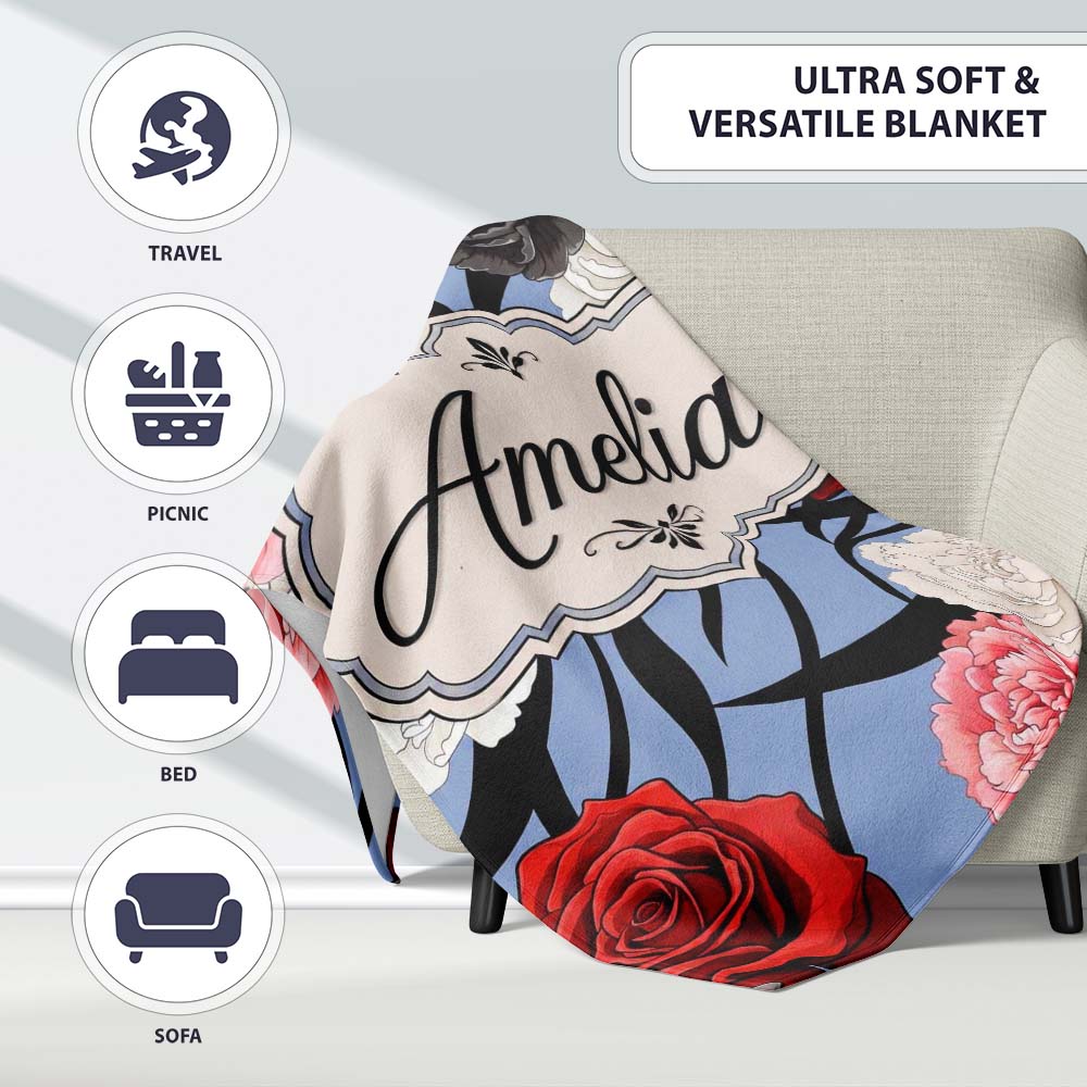 Elegant Rose Floral with Black Red and White Flowers on Dusty Blue  Personalised Custom Name Super Soft Fleece Blanket Bed Sofa Throw