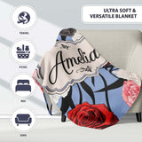 Elegant Rose Floral with Black Red and White Flowers on Dusty Blue  Personalised Custom Name Super Soft Fleece Blanket Bed Sofa Throw