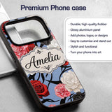 Elegant Rose Floral with Black Red and White Custom Name Protective Phone Case Mobile Cover Durable Everyday Smartphone Shock Resistant