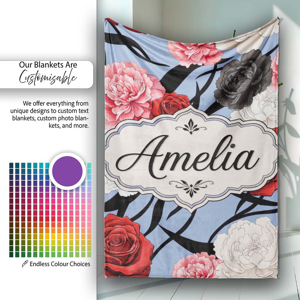 Elegant Rose Floral with Black Red and White Flowers on Dusty Blue  Personalised Custom Name Super Soft Fleece Blanket Bed Sofa Throw