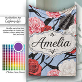 Elegant Rose Floral with Black Red and White Flowers on Dusty Blue  Personalised Custom Name Super Soft Fleece Blanket Bed Sofa Throw