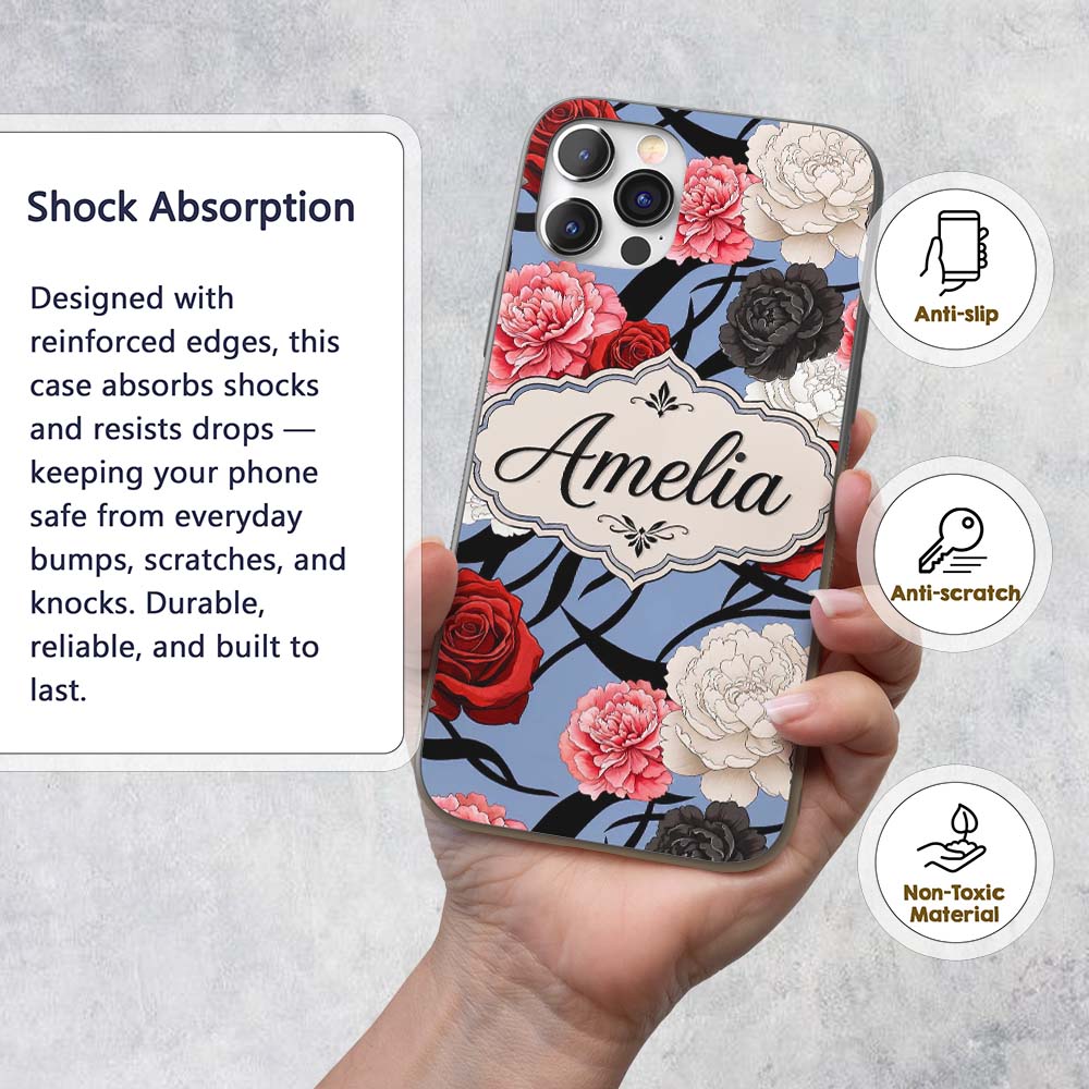 Elegant Rose Floral with Black Red and White Custom Name Protective Phone Case Mobile Cover Durable Everyday Smartphone Shock Resistant