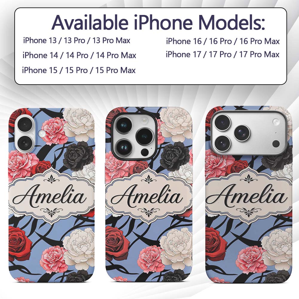 Elegant Rose Floral with Black Red and White Custom Name Protective Phone Case Mobile Cover Durable Everyday Smartphone Shock Resistant