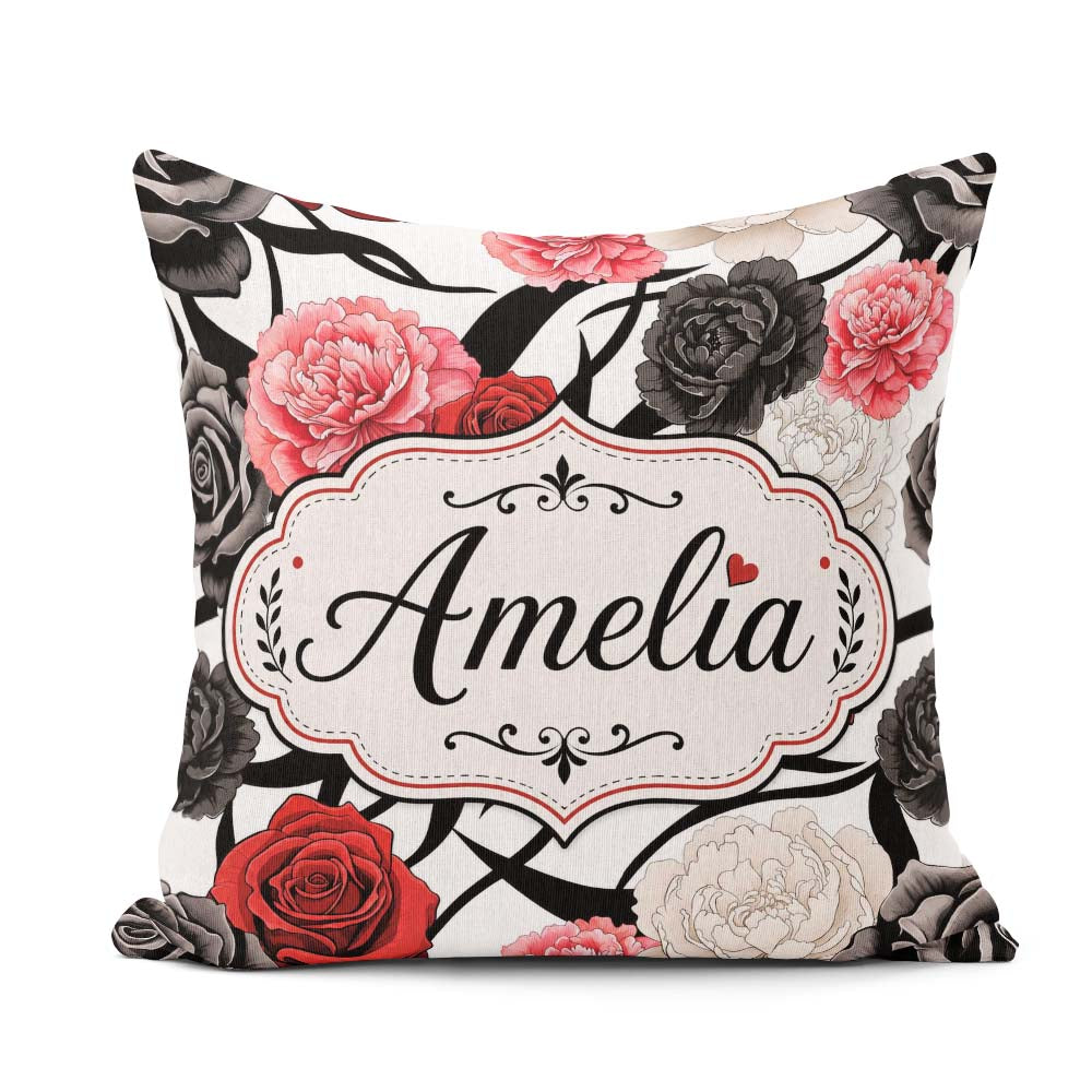 Custom Name Elegant Rose Floral with Black Red and White on Grey Square Filled Cushion Throw Pillow Sofa Bed Home Decor Zip Washable UK Made