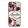 Elegant Rose Floral with Black Red and White Custom Name Protective Phone Case Mobile Cover Durable Everyday Smartphone Shock Resistant