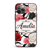 Elegant Rose Floral with Black Red and White Custom Name Protective Phone Case Mobile Cover Durable Everyday Smartphone Shock Resistant