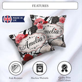 Custom Name Elegant Rose Floral with Black Red and White on Grey Square Filled Cushion Throw Pillow Sofa Bed Home Decor Zip Washable UK Made
