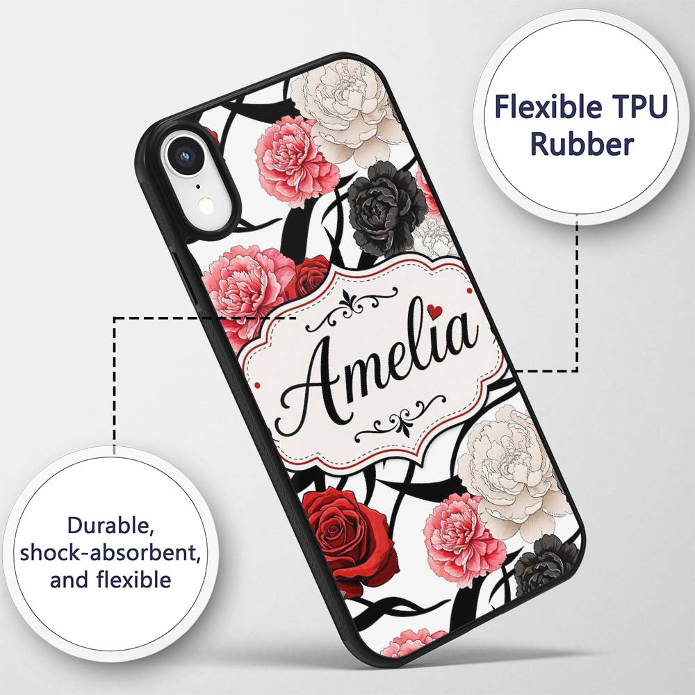Elegant Rose Floral with Black Red and White Custom Name Protective Phone Case Mobile Cover Durable Everyday Smartphone Shock Resistant