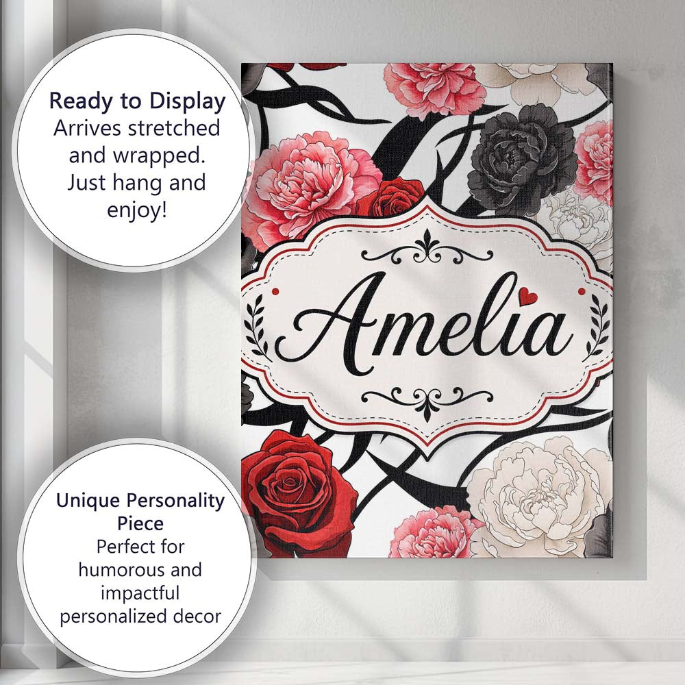 Personalised Name Elegant Rose Floral with Custom  Bespoke Contemporary Statement Canvas Wall Art Print Decor Picture Ready to Hang