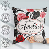 Custom Name Elegant Rose Floral with Black Red and White on Grey Square Filled Cushion Throw Pillow Sofa Bed Home Decor Zip Washable UK Made