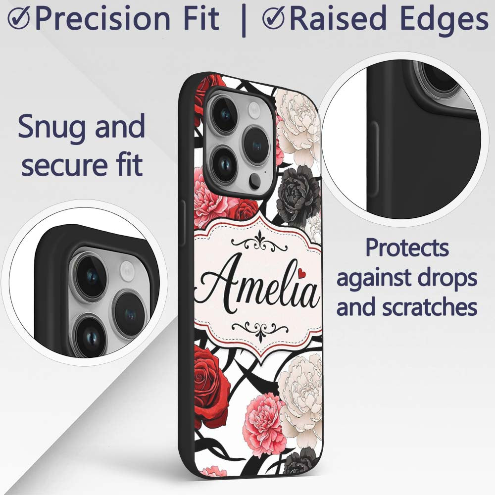 Elegant Rose Floral with Black Red and White Custom Name Protective Phone Case Mobile Cover Durable Everyday Smartphone Shock Resistant