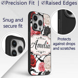 Elegant Rose Floral with Black Red and White Custom Name Protective Phone Case Mobile Cover Durable Everyday Smartphone Shock Resistant