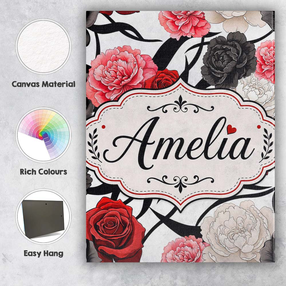 Personalised Name Elegant Rose Floral with Custom  Bespoke Contemporary Statement Canvas Wall Art Print Decor Picture Ready to Hang