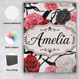 Personalised Name Elegant Rose Floral with Custom  Bespoke Contemporary Statement Canvas Wall Art Print Decor Picture Ready to Hang