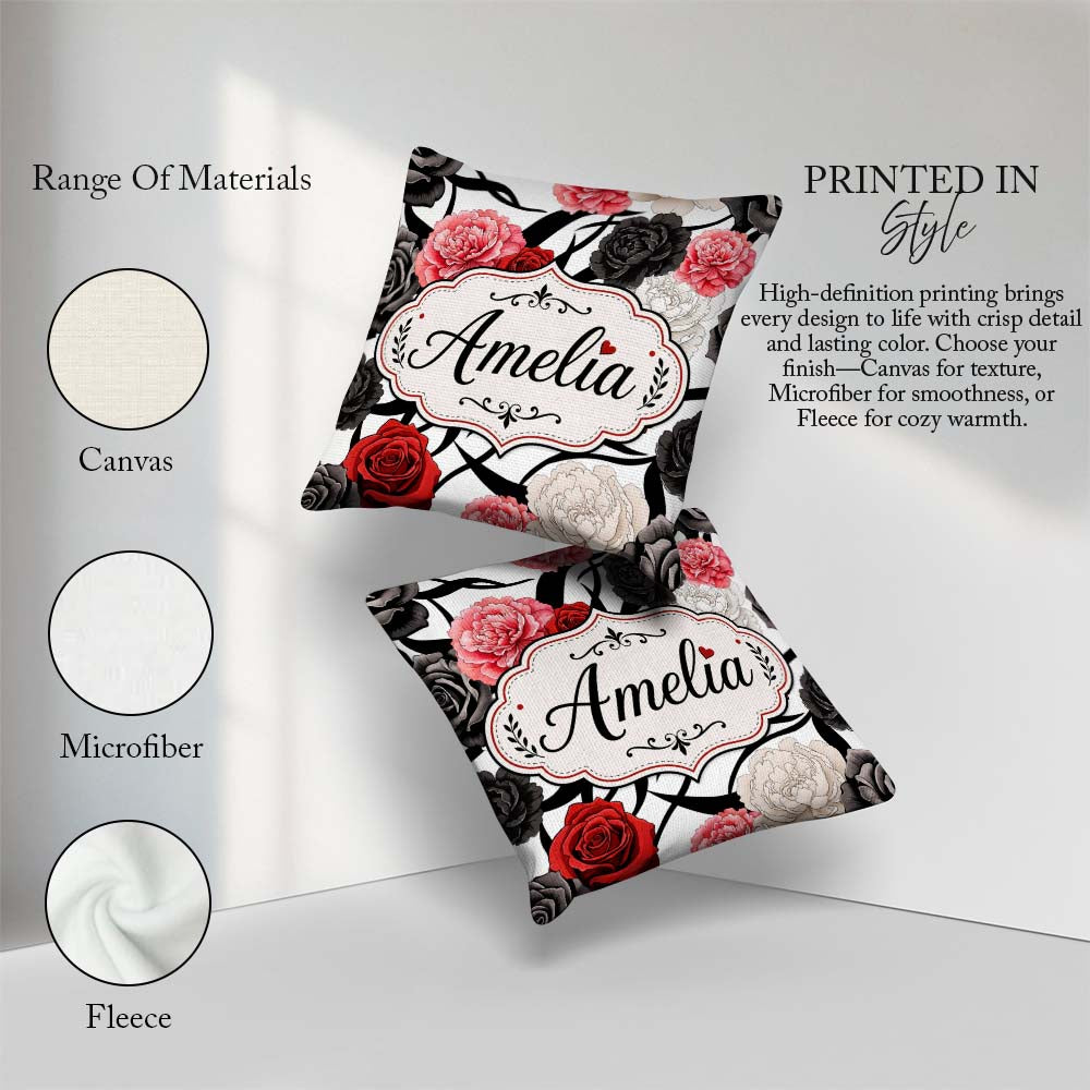 Custom Name Elegant Rose Floral with Black Red and White on Grey Square Filled Cushion Throw Pillow Sofa Bed Home Decor Zip Washable UK Made