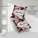 Custom Name Elegant Rose Floral with Black Red and White on Grey Square Filled Cushion Throw Pillow Sofa Bed Home Decor Zip Washable UK Made