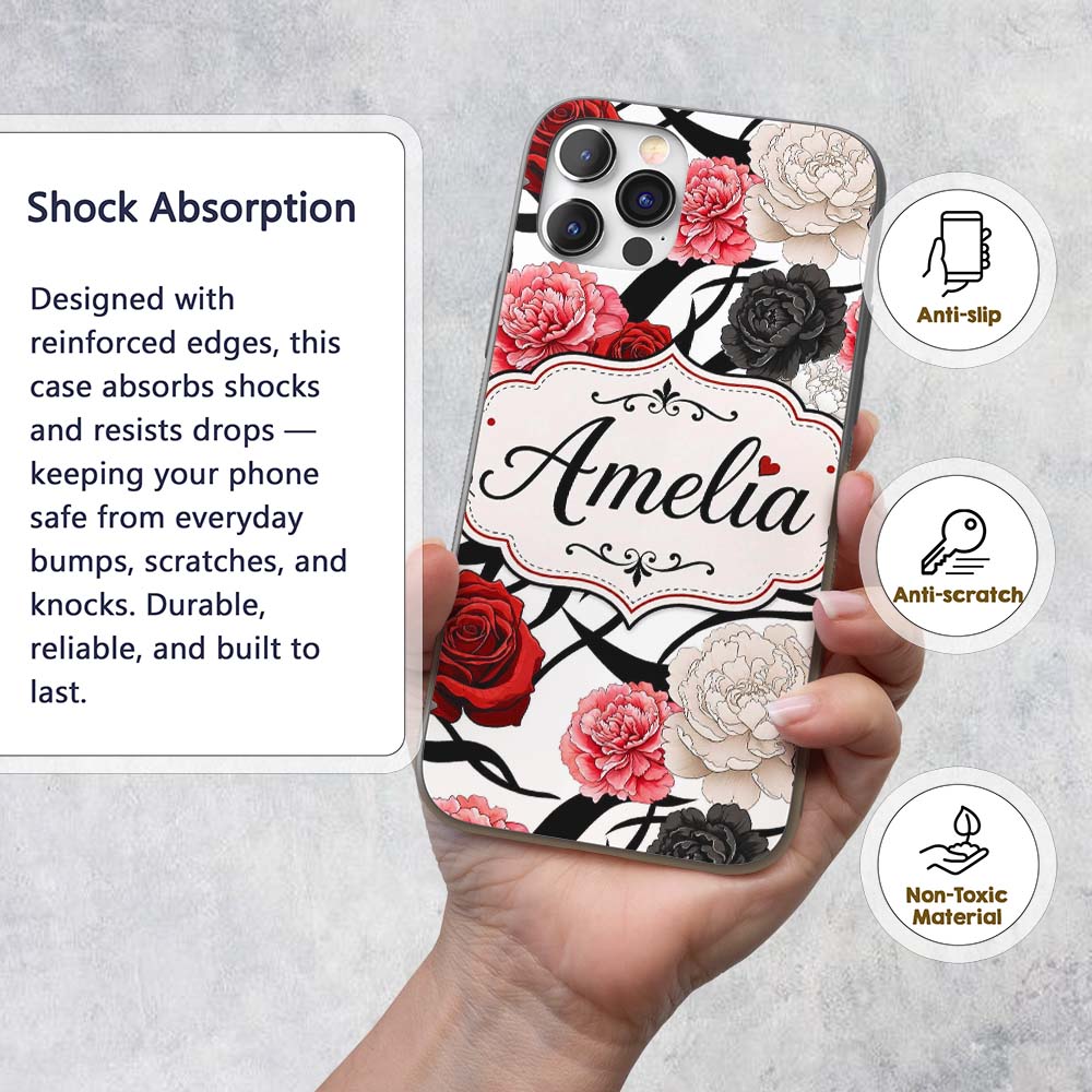 Elegant Rose Floral with Black Red and White Custom Name Protective Phone Case Mobile Cover Durable Everyday Smartphone Shock Resistant