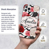 Elegant Rose Floral with Black Red and White Custom Name Protective Phone Case Mobile Cover Durable Everyday Smartphone Shock Resistant