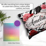 Custom Name Elegant Rose Floral with Black Red and White on Grey Square Filled Cushion Throw Pillow Sofa Bed Home Decor Zip Washable UK Made