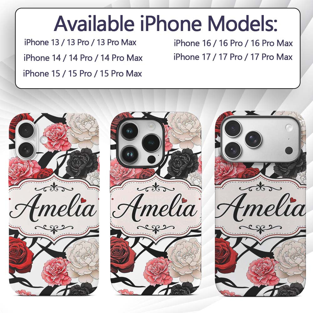 Elegant Rose Floral with Black Red and White Custom Name Protective Phone Case Mobile Cover Durable Everyday Smartphone Shock Resistant