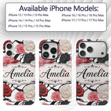 Elegant Rose Floral with Black Red and White Custom Name Protective Phone Case Mobile Cover Durable Everyday Smartphone Shock Resistant