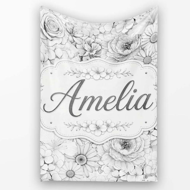 Elegant Monochrome Floral Bouquet Pattern with Roses Peonies and  Personalised Custom Name Super Soft Fleece Blanket Bed Sofa Throw