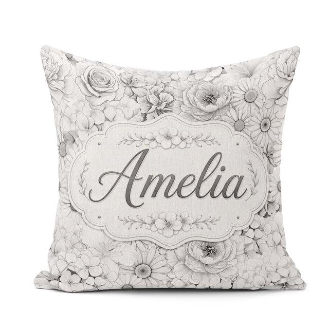 Custom Name Elegant Monochrome Floral Bouquet Pattern with Roses Square Filled Cushion Throw Pillow Sofa Bed Home Decor Zip Washable UK Made