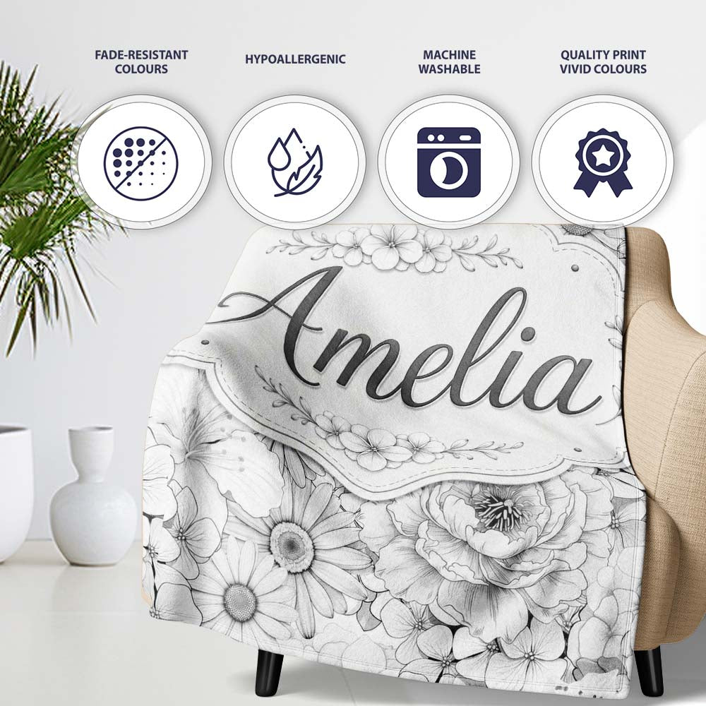 Elegant Monochrome Floral Bouquet Pattern with Roses Peonies and  Personalised Custom Name Super Soft Fleece Blanket Bed Sofa Throw
