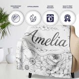 Elegant Monochrome Floral Bouquet Pattern with Roses Peonies and  Personalised Custom Name Super Soft Fleece Blanket Bed Sofa Throw